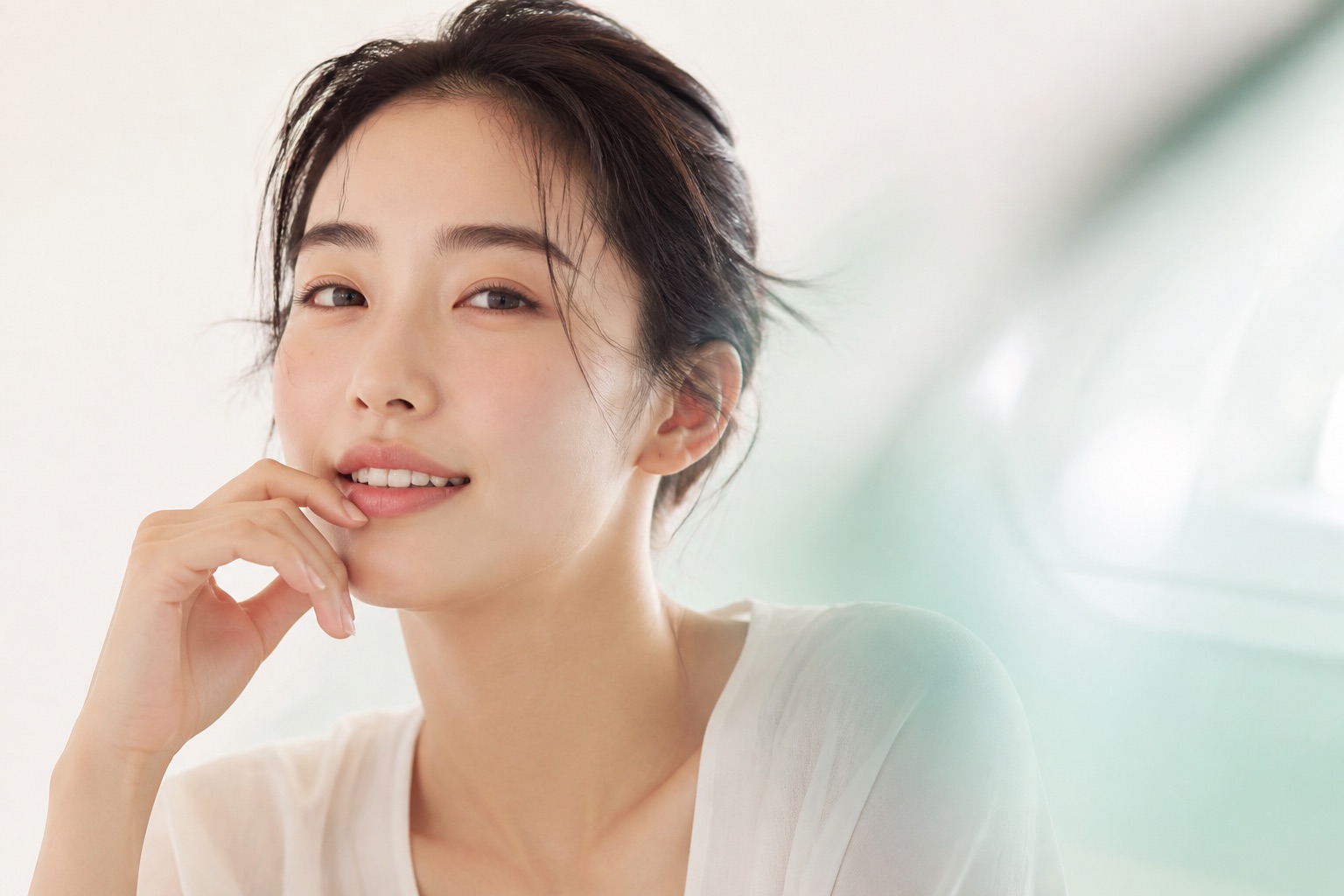턱에 손을 대고 미소 짓는 여성